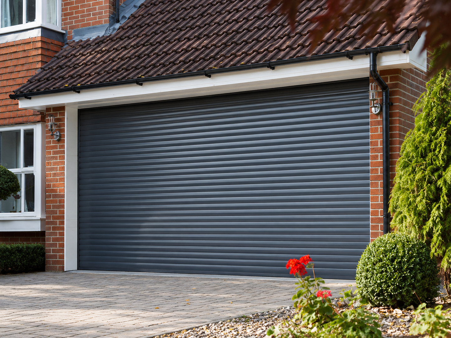 Residential rolling shutter guide rail, bottom rail, and locking mechanism detail